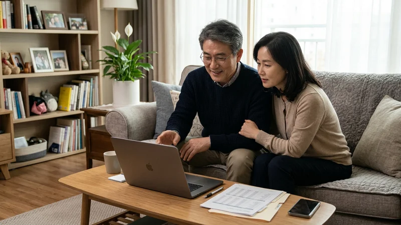 거실 소파에 앉아 노트북으로 정부 지원금 신청 방법을 알아보는 50대 부부