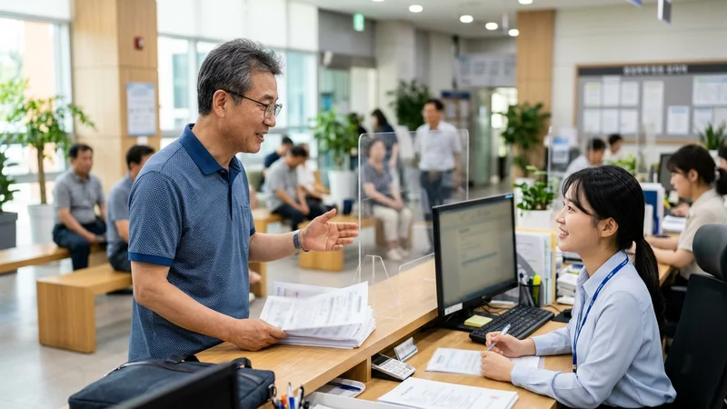 50대 한국 남성이 행정복지센터에서 서류를 준비하며 지원금 이의신청을 하는 모습