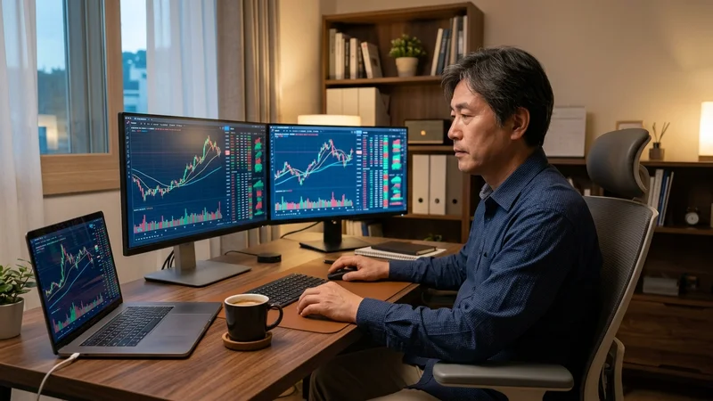 미국 나스닥 IPO 관련 자료를 책상에서 검토하는 중년 한국인의 모습