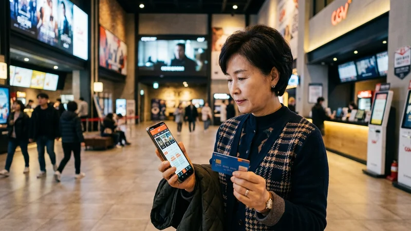40~60대 부부가 스마트폰으로 CGV 영화 할인 카드 혜택을 확인하며 예매하는 모습