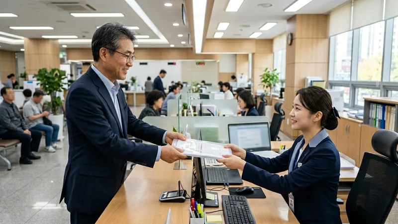 주민센터 창구에서 지원금 이의신청 서류를 제출하는 50대 남성