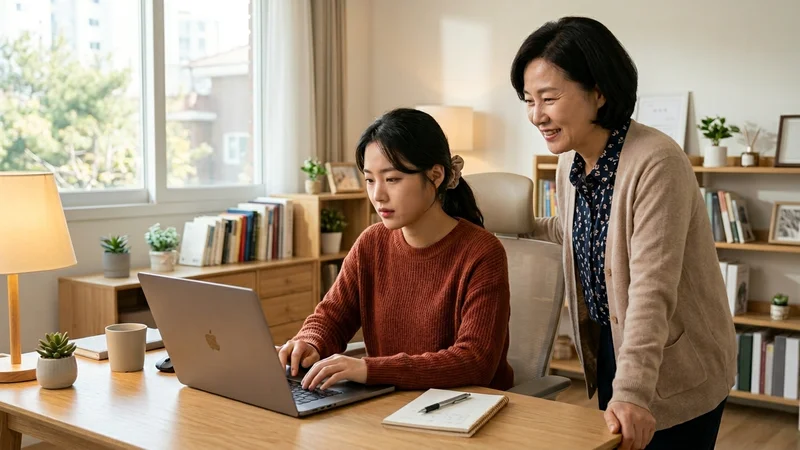 청년기본소득 온라인 신청 화면을 확인하는 40대 부모와 20대 자녀