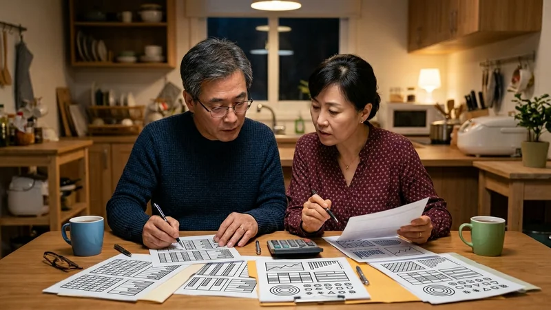 40~60대 부부가 지원금 관련 서류를 함께 검토하는 가정 내 모습
