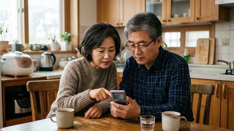 건강보험료 조회 화면을 보며 지원금 자격을 확인하는 50대 부부