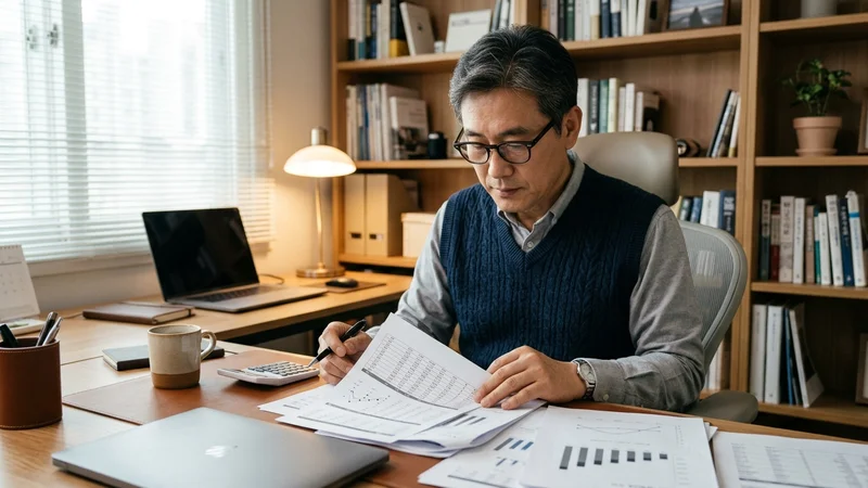 중년 남성이 책상에서 건강보험료 기준표와 지원금 서류를 검토하는 모습