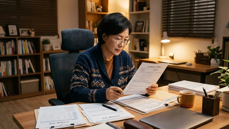 건강보험료 납부 내역서를 검토하며 이의신청을 준비하는 60대 여성