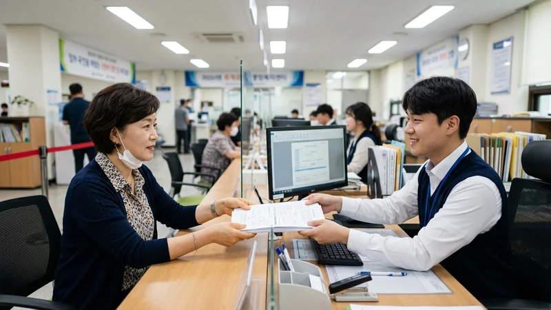 50대 여성이 주민센터 창구에서 고유가 피해지원금 이의신청 서류를 제출하는 모습