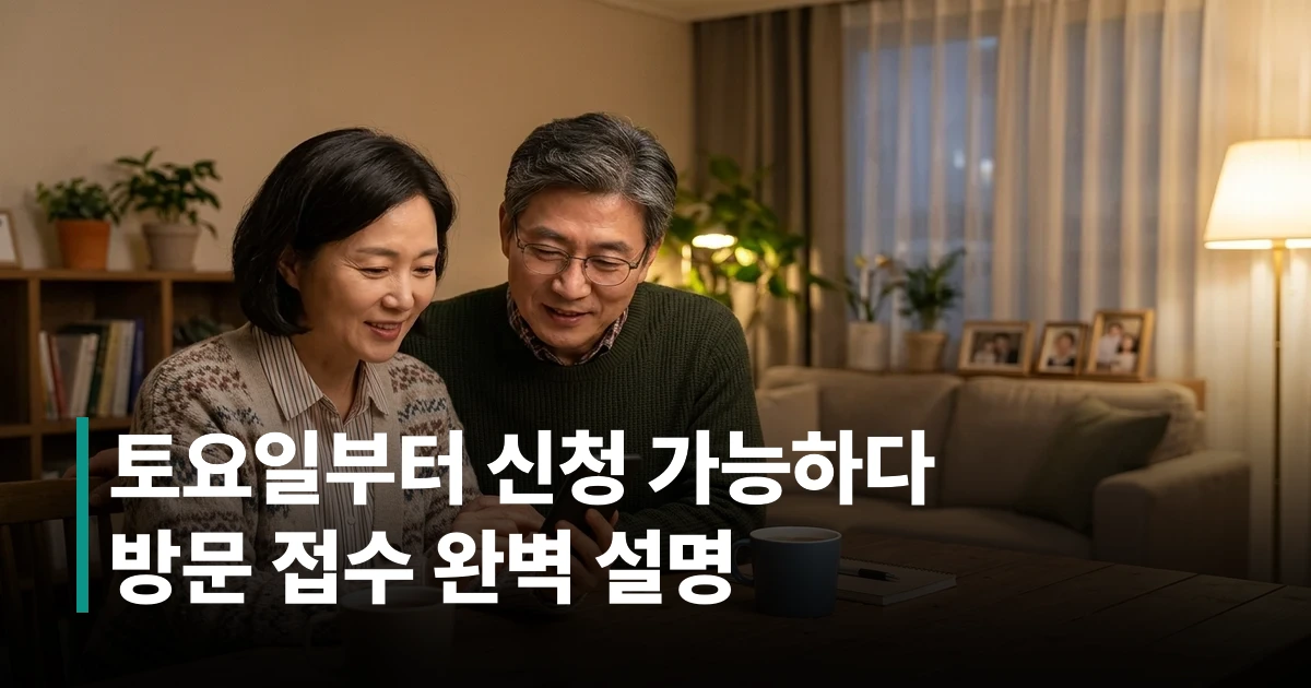 50대 부부가 거실에서 스마트폰으로 고유가 피해지원금을 신청하는 모습