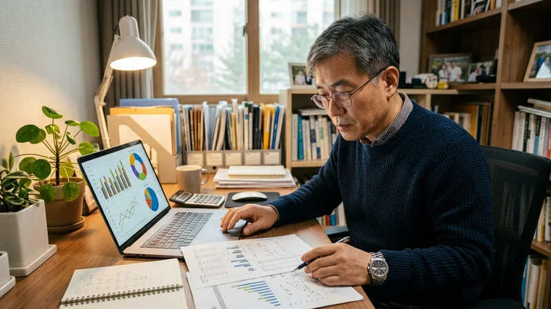 노후 연금 수령액 계획을 꼼꼼히 계산하는 50대 남성