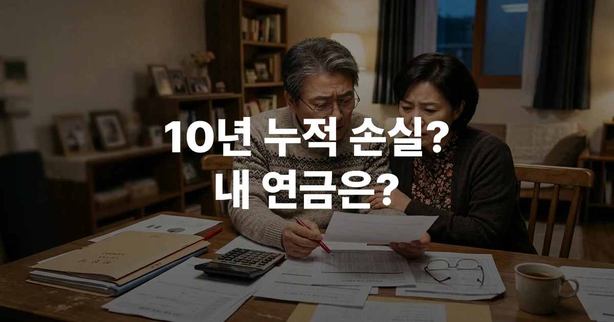 국민연금 자동조정장치 도입으로 수령액 변화를 걱정하며 서류를 검토하는 중년 부부