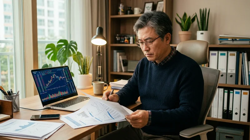 국민연금 기금운용위원회 자산배분 결정과 코스피 차트를 살펴보는 중장년 투자자