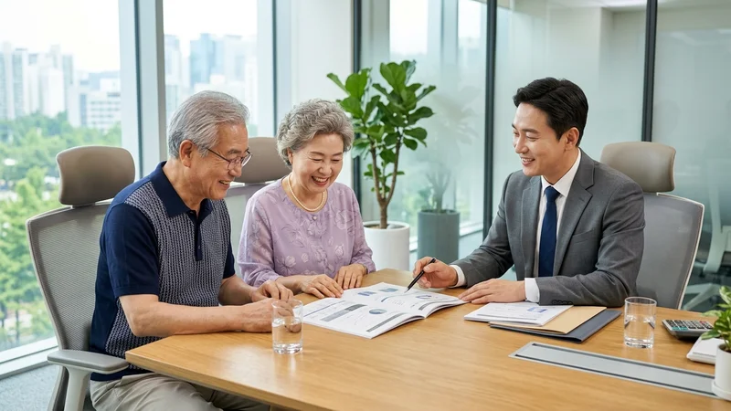국민연금 공공신탁 제도 설명을 듣는 한국 노년 부부와 상담사, 밝고 안심되는 분위기의 상담 장면