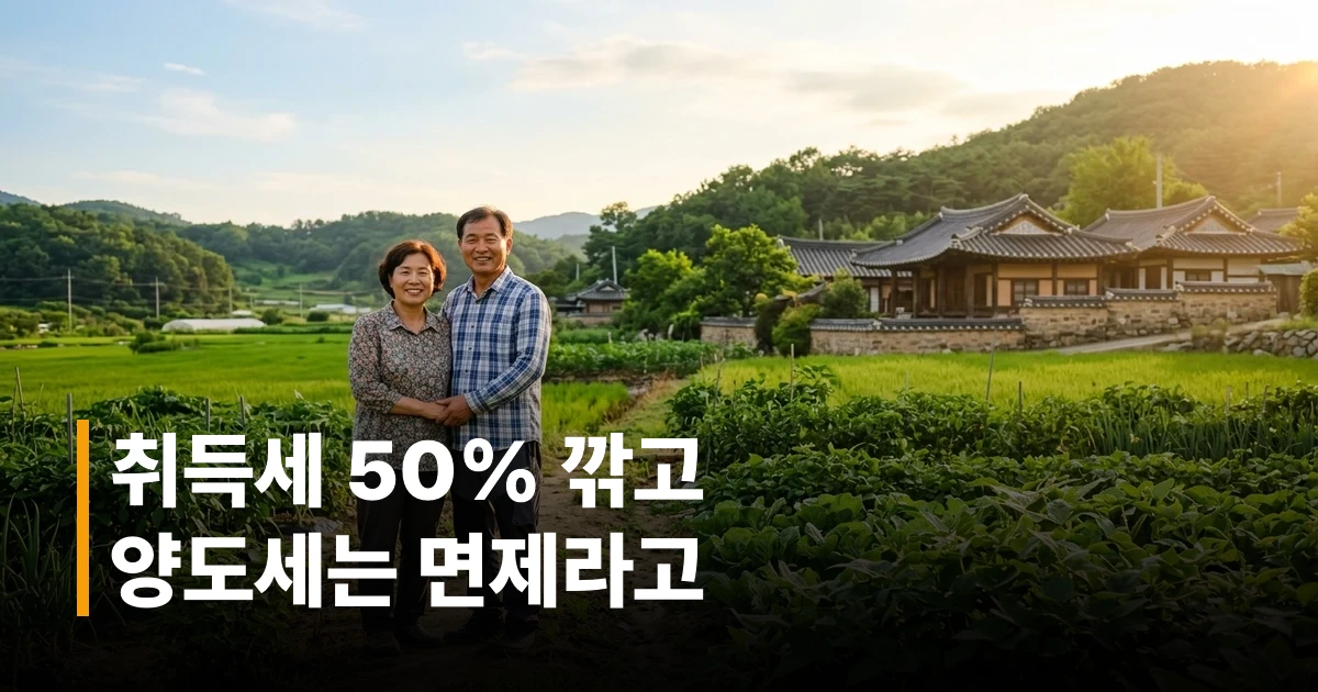 귀농귀촌 세금 감면 혜택 종류를 안내하는 한국 40~60대 부부가 농촌에서 서류를 검토하는 모습