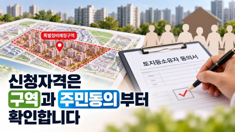 신청자격은 구역과 주민동의부터 확인합니다