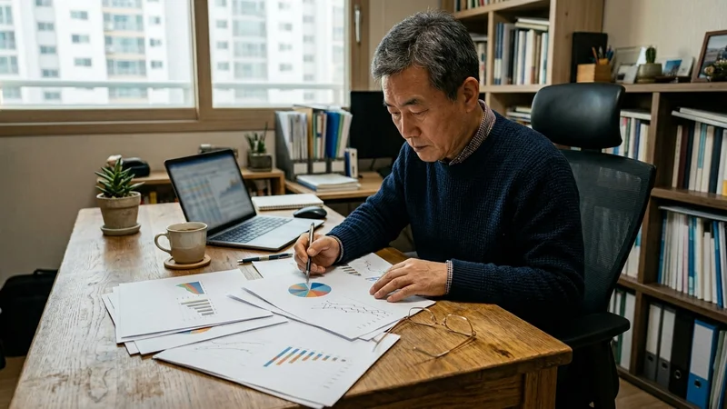 노후 재정 계획을 세우는 40대 한국 부부가 연금 포트폴리오 비교 자료를 살펴보는 모습