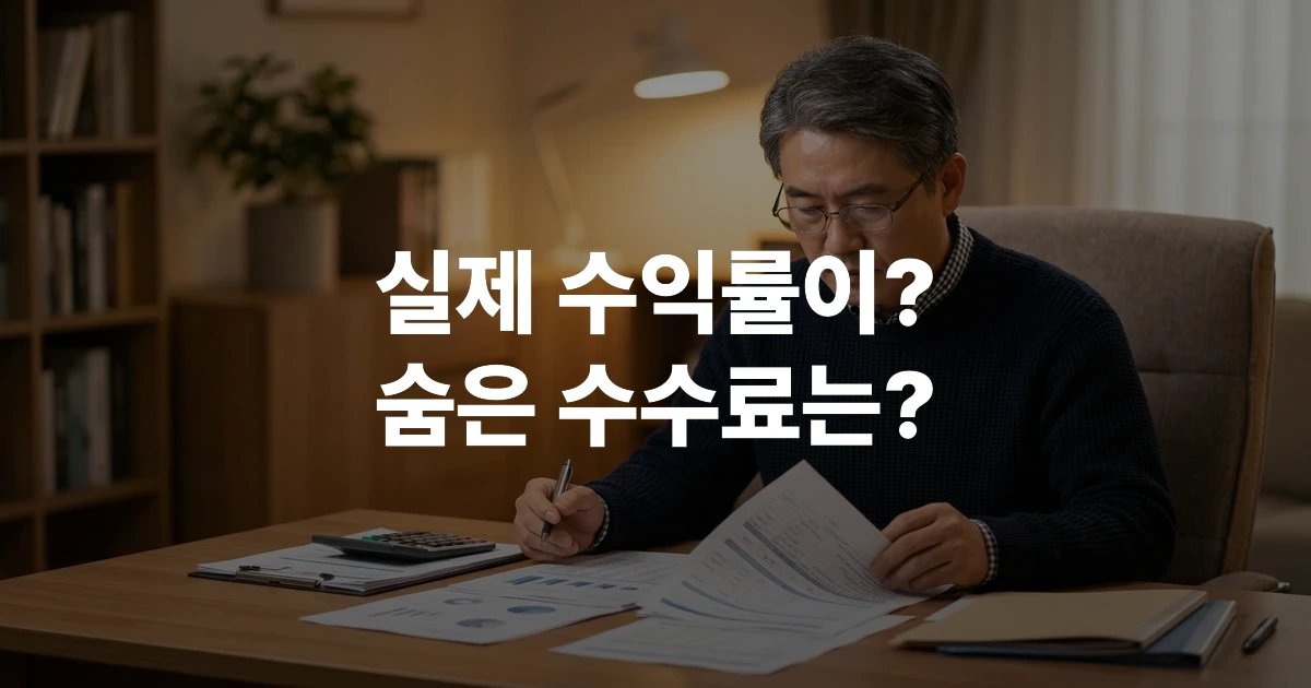 변액연금 상품 서류와 펀드 수익률 그래프를 검토하는 50대 한국 중년 남성