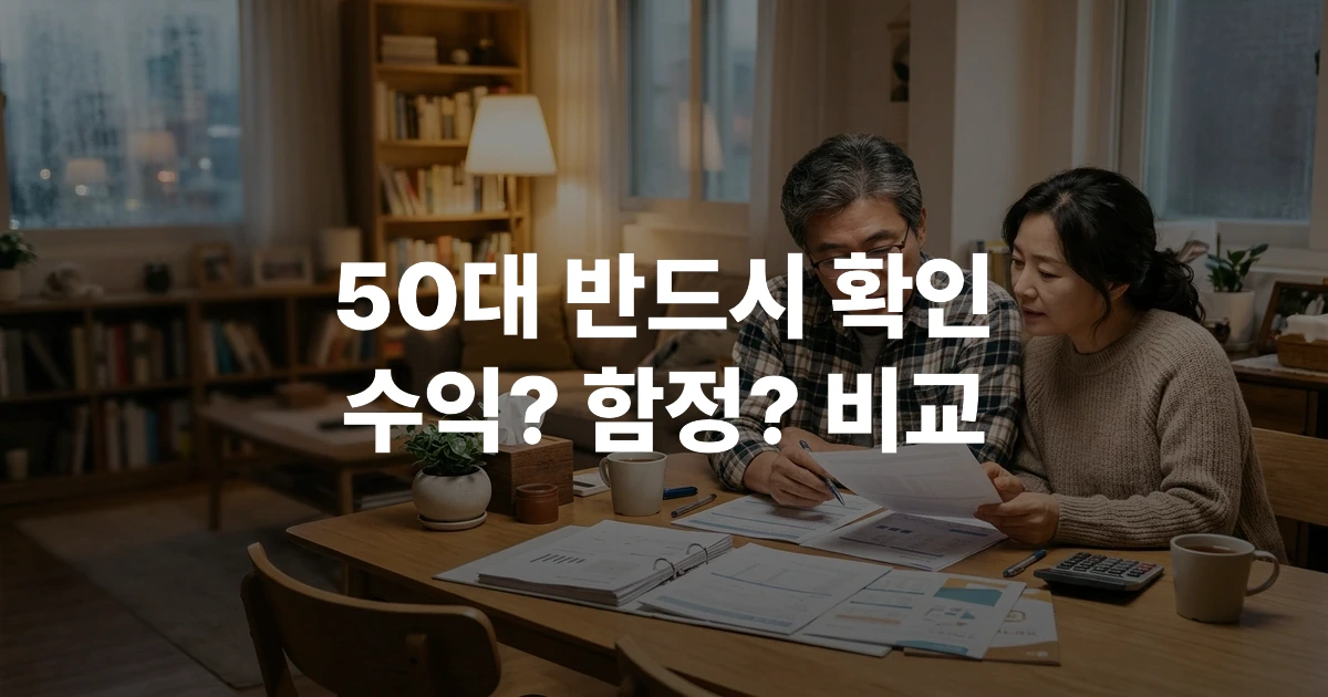 50대 부부가 거실에서 연금 서류를 함께 검토하는 모습