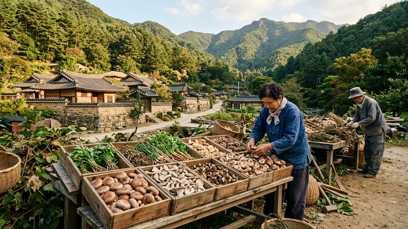 임산물 생산 현장에서 작업 중인 40대 임업인 부부