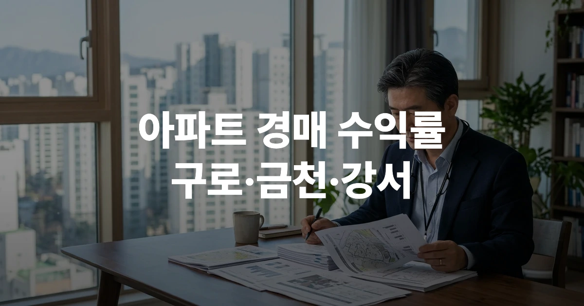 서울 강서구 마곡지구 아파트 단지 전경과 경매 서류를 검토하는 50대 남성
