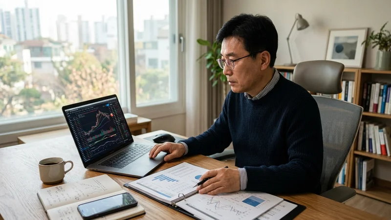미국 주식 거래 화면과 투자 정보를 스마트폰으로 꼼꼼히 확인하는 한국 중장년 투자자