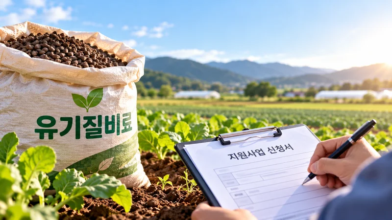 유기질비료 신청 방법 - 행정복지센터에서 서류를 작성하는 40~60대 농업인