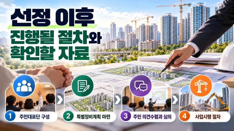 선도지구 선정 이후 주민대표단 구성부터 특별정비계획, 주민 의견수렴과 심의, 사업시행까지의 절차를 표현한 이미지
