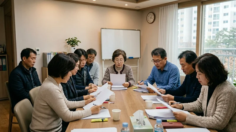 인천 40~60대 아파트 소유자들이 재건축 선도지구 신청 조건 관련 자료를 함께 확인하는 모습