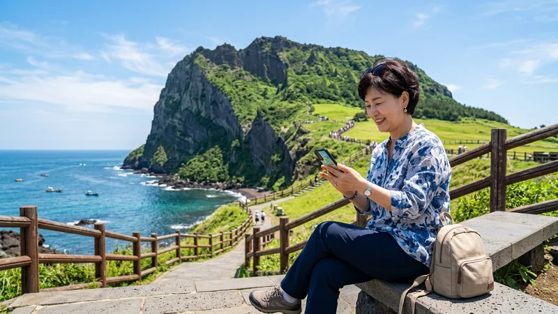 제주도 공영관광지에서 나우다 앱 혜택을 확인하는 40~60대 여행객 부부