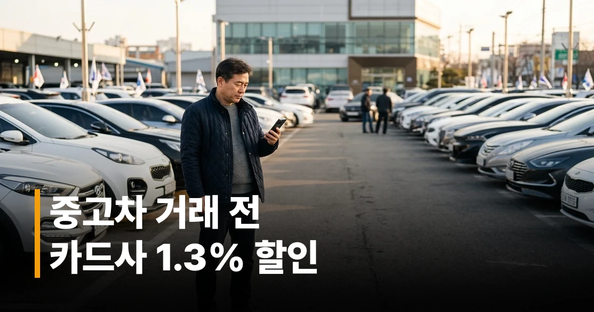 중고차 전시장에서 40대 남성이 스마트폰으로 카드 혜택을 비교하는 모습