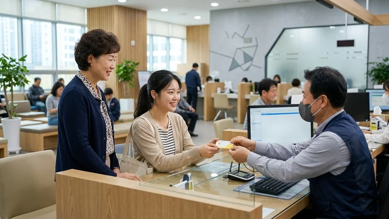 경기지역화폐 카드를 들고 있는 청년과 이를 안내하는 부모의 모습