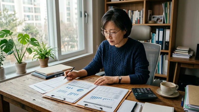 퇴직연금 ETF 포트폴리오 분석 화면을 진지하게 검토하는 중년 투자자의 홈오피스 장면