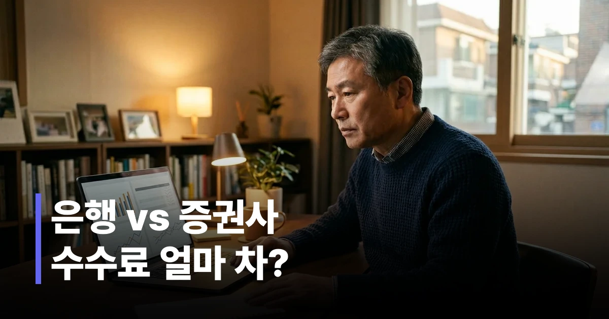 40~60대 한국 직장인이 노트북 화면에서 퇴직연금 IRP 수수료를 비교하며 갈아타기를 검토하는 모습