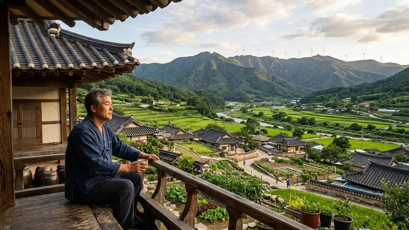강원도 산악 지역 풍력발전단지 전경과 인근 농촌 마을