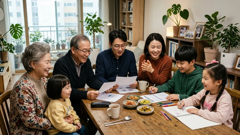 3대 가족이 함께 식탁에 앉아 대화를 나누는 따뜻한 한국 가정 풍경