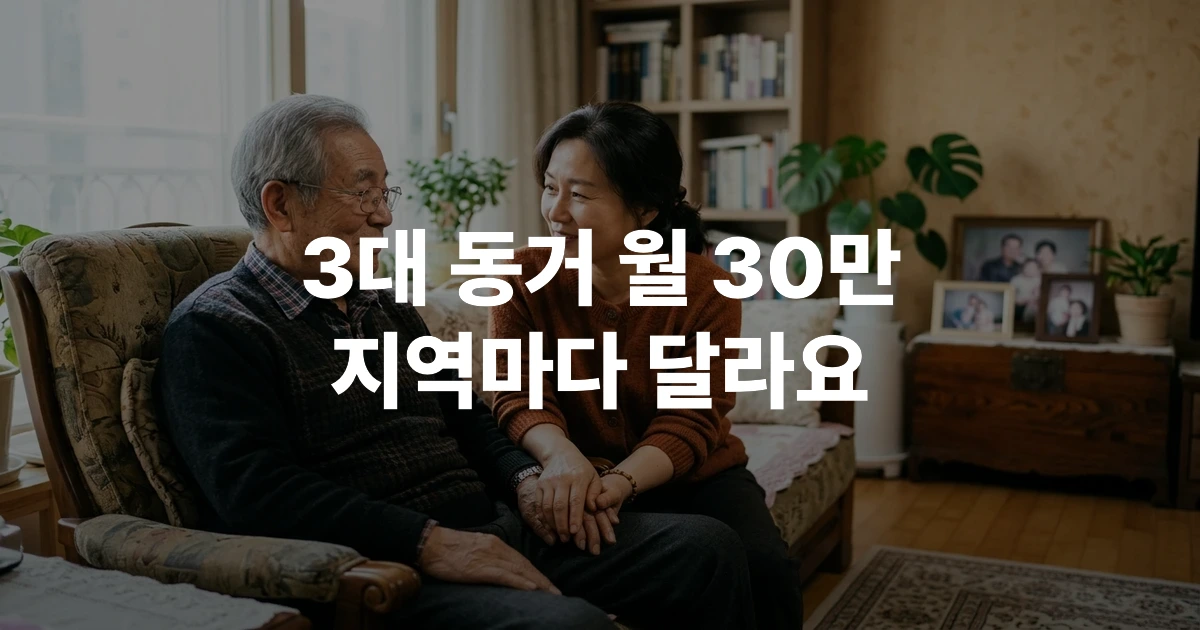 중년 자녀가 어르신 부모님 손을 따뜻하게 잡고 있는 한국 가정 모습