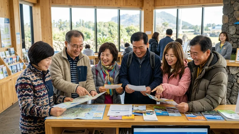 한국 중장년 단체 여행객들이 제주도 관광안내센터에서 서류를 확인하고 지역화폐를 받는 장면