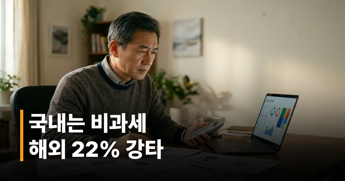 40~60대 한국 투자자가 ETF 세금 계산표와 노트북을 보며 투자 수익을 정리하는 모습