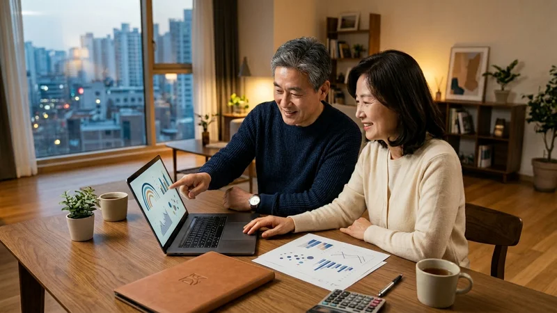 노후 자산 관리를 위해 IRP 포트폴리오를 점검하는 50대 한국 부부