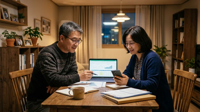 스마트폰 주식 앱을 함께 살펴보는 40~60대 한국인 부부