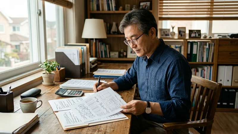 퇴직 후 연금 수령 전 재정 계획을 세우는 50대 한국 공무원