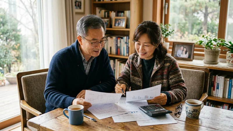 한국 중장년 부부가 거실 소파에 앉아 연금 서류를 함께 검토하는 모습