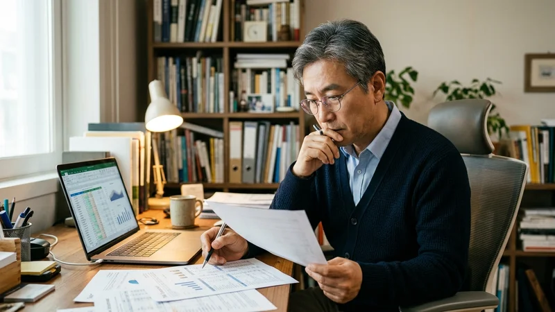종합부동산세 과세 기준과 절세 전략을 설명하는 표가 담긴 세무 서류를 살펴보는 한국 중장년 남성