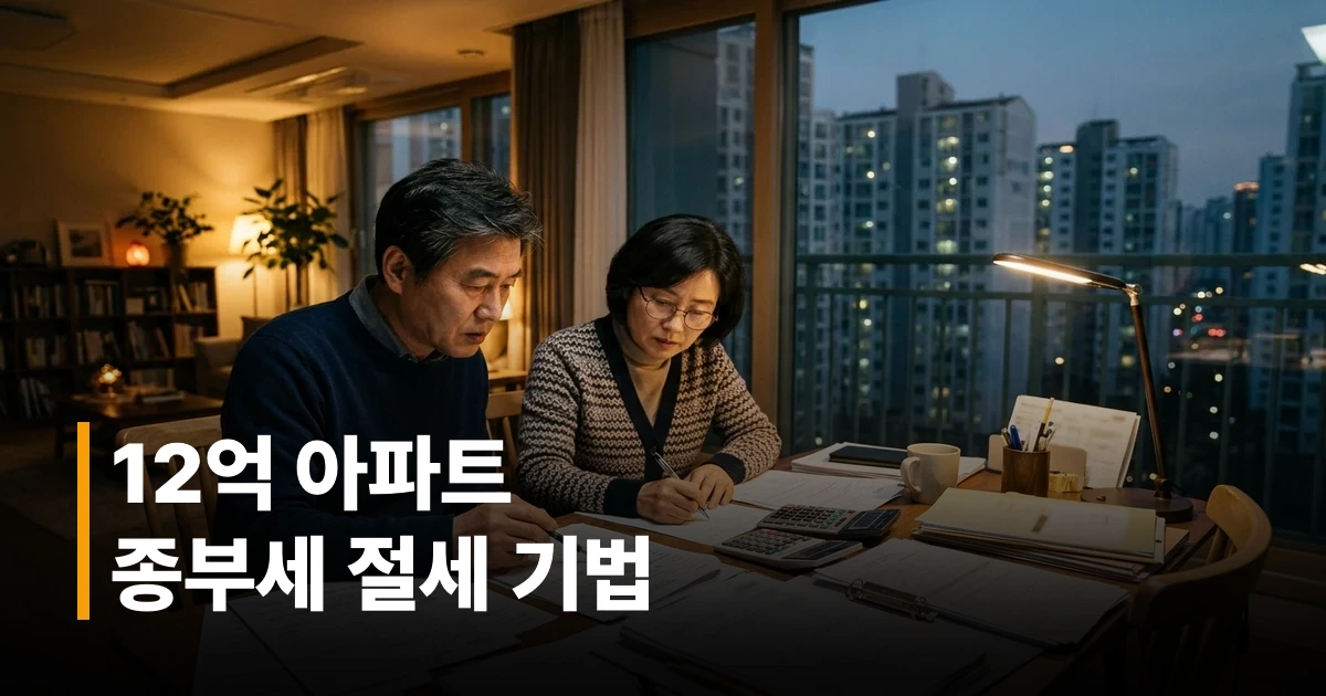 공시가격 12억 아파트 종부세 절세 방법을 검토하는 50대 부부가 서류와 계산기를 앞에 두고 상담하는 모습