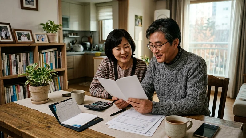 50대 부부가 거실에서 연금 통장과 대출 서류를 함께 검토하며 노후 자금 계획을 세우는 모습