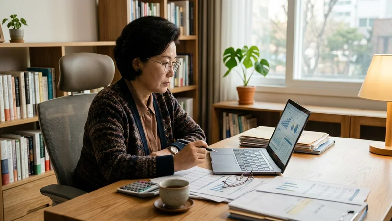 노트북으로 은행별 공적연금 담보대출 금리를 비교하는 60대 한국 여성 가정 내 모습