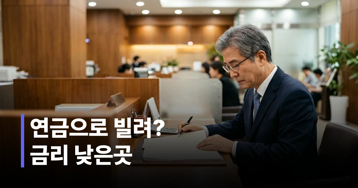 공적연금 담보대출 서류를 검토하는 50대 한국 남성 은행 창구 상담 장면