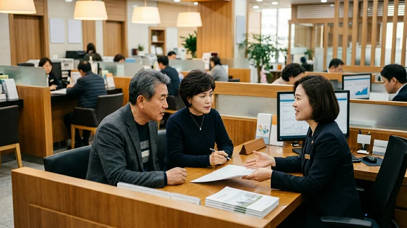 은행 창구에서 연금수급자 대출 상담을 받는 한국인 중장년 부부