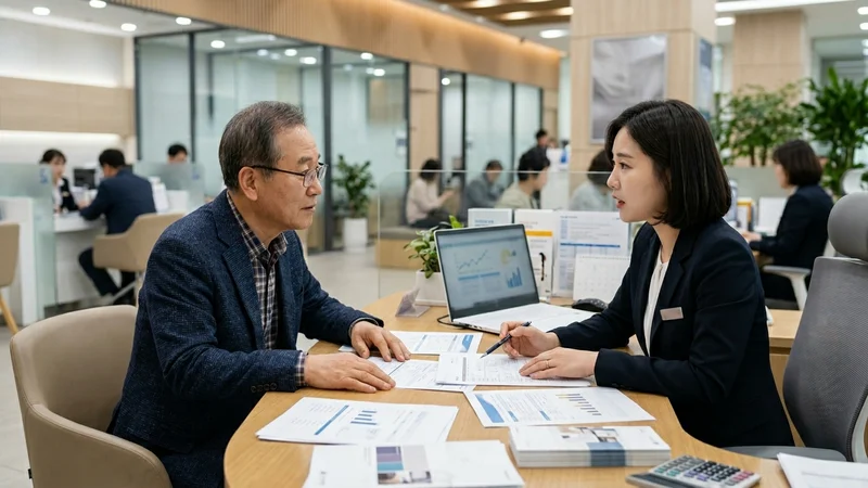 시니어 남성이 은행 창구에서 연금 담보 대출 조건에 대해 상담받는 모습