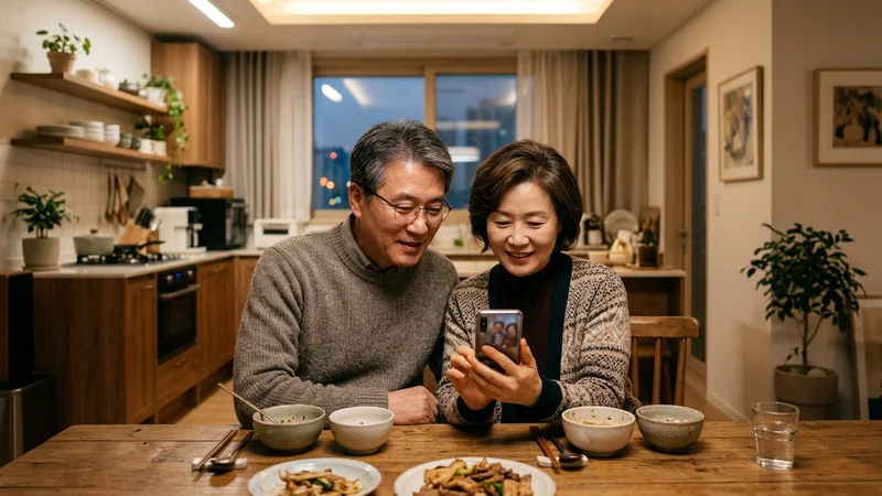 50대 한국 부부가 식탁에서 함께 스마트폰으로 공적연금 비대면 소액대출 한도를 조회하는 장면