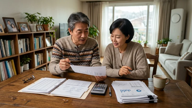 노후 준비 재정 서류를 함께 검토하는 50대 한국인 부부